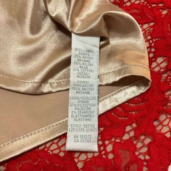 Theia Red Lace Midi Shift Dress US 10 Red Nude Sleeves Belted - Picture 6 of 7